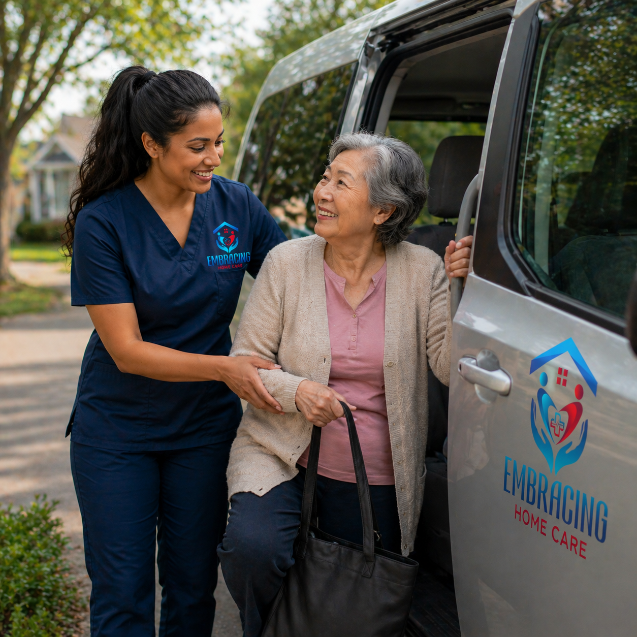 Caregiver with seniors during supervised group outing in Orlando